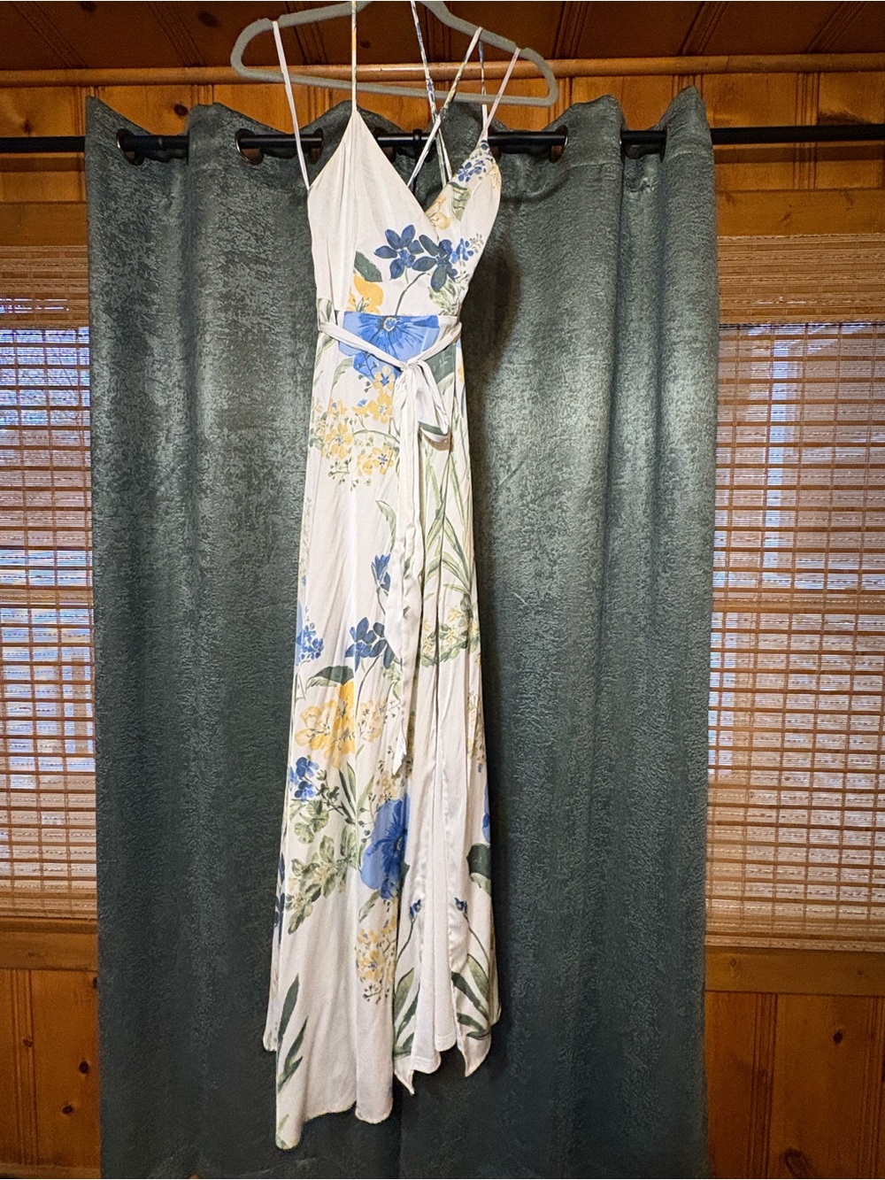 White Floral V-Neck Maxi Dress with Blue & Yellow Print